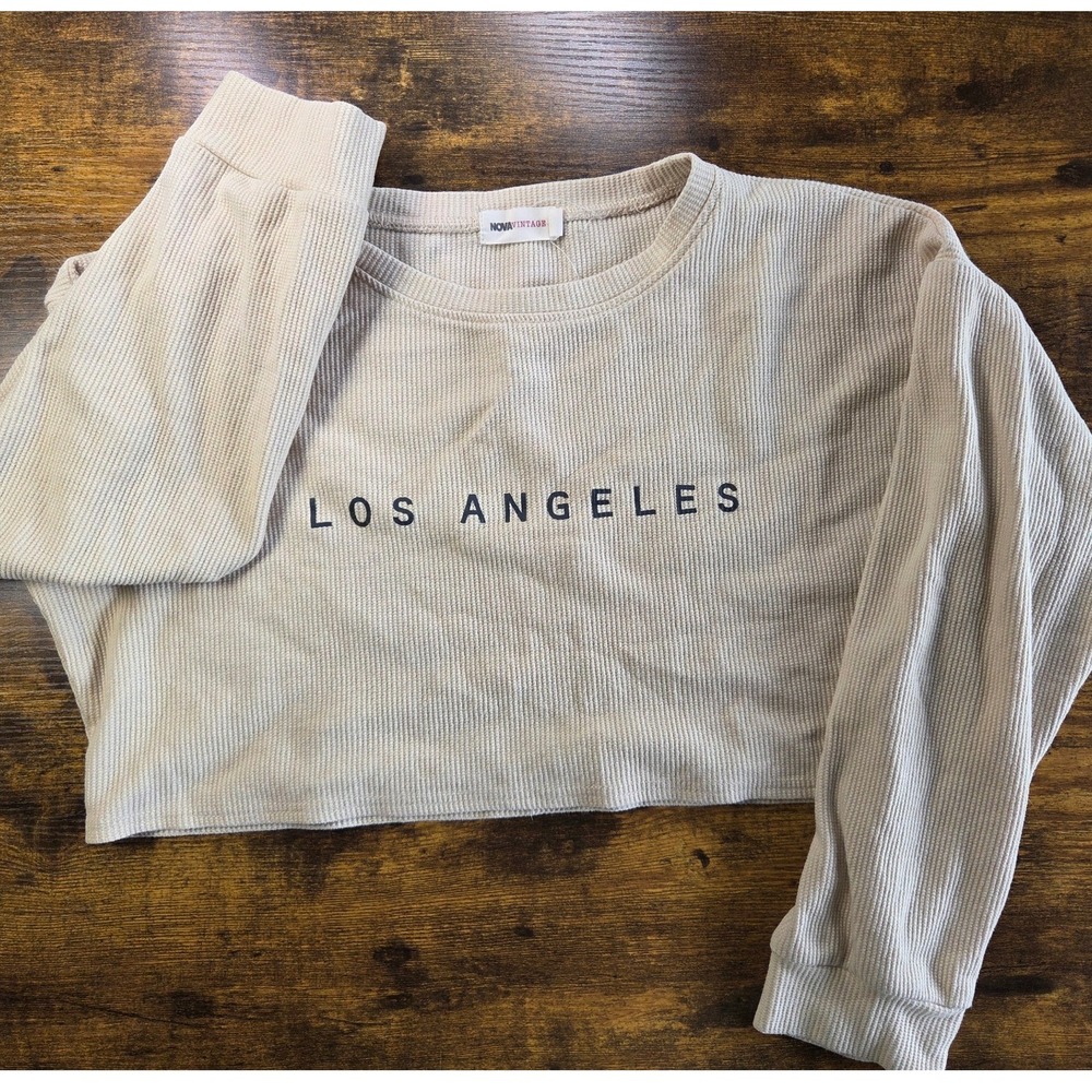 Fashion Nova Vintage Los Angeles Thermal Crop Top Tan Waffle Knit Long Sleeve